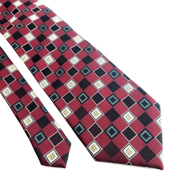 Bergamo New York Red Black Tan Geometric Woven Polyester Long Tie‎ - Picture 1 of 6